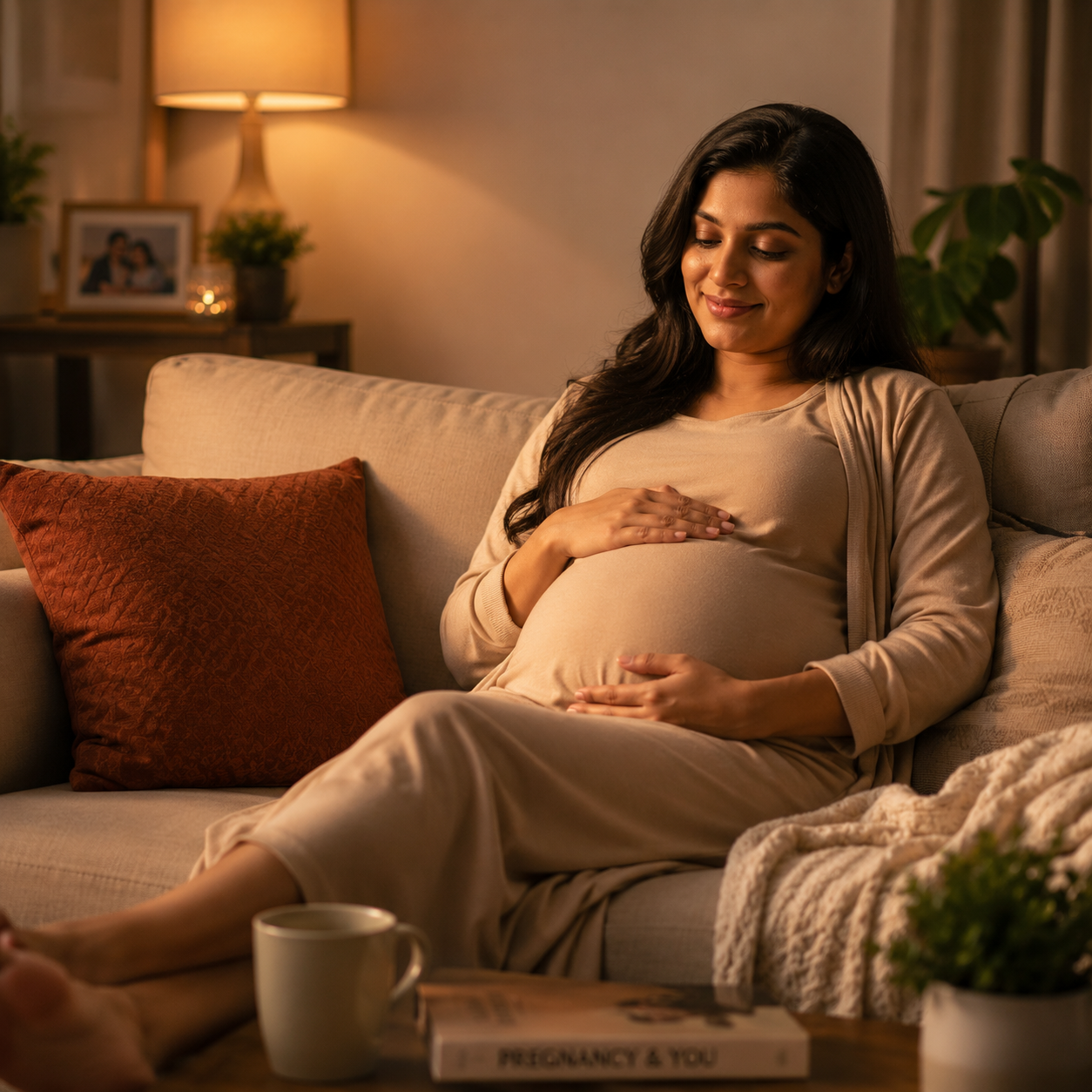 Pregnant Indian woman relaxing comfortably
